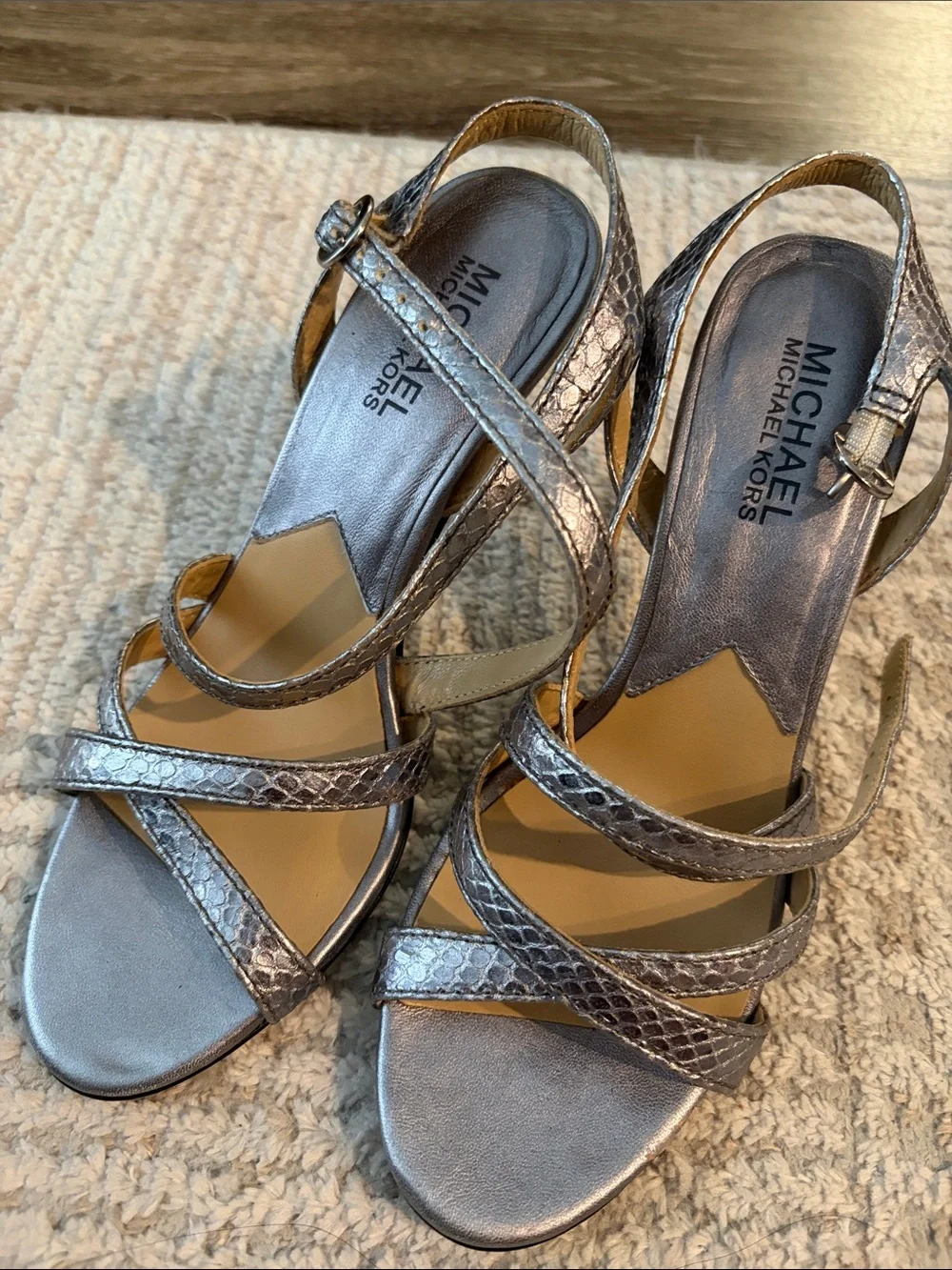 Michael Kors Metallic Pewter Strappy Heeled Sandals